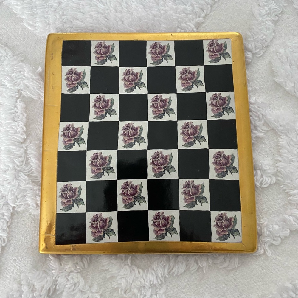 MacKenzie-Childs White and Black Checkered and Gold Boarder Torquay Rose Tile